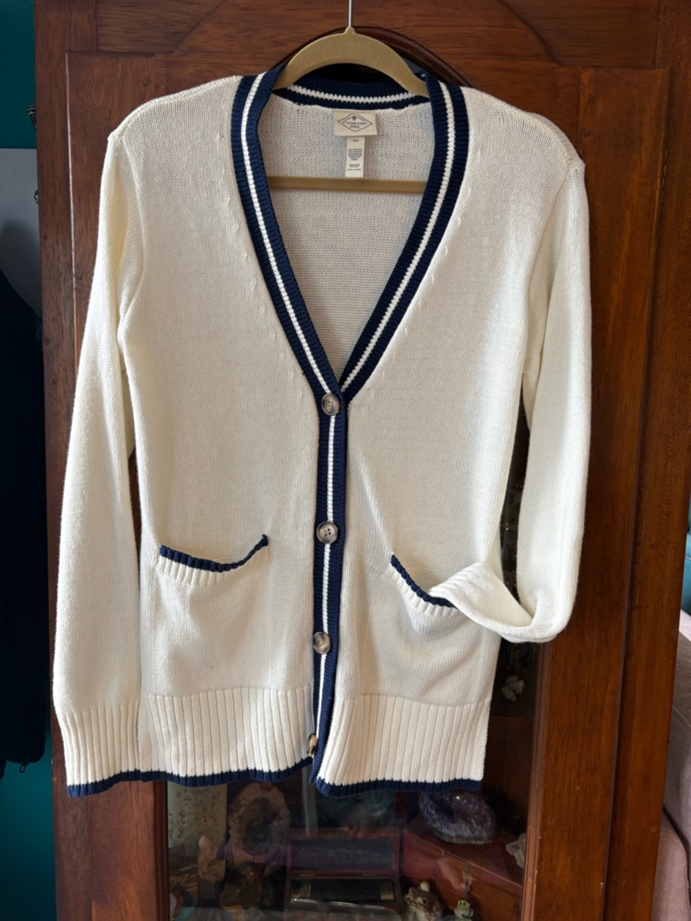 White Cardigan Sweater with Navy Trim - Women's